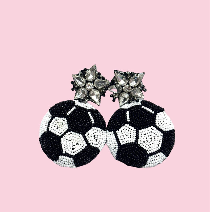 Camel Threads 3D Soccer Beaded Ball earrings featuring colorful, intricate beaded design on silver hooks.