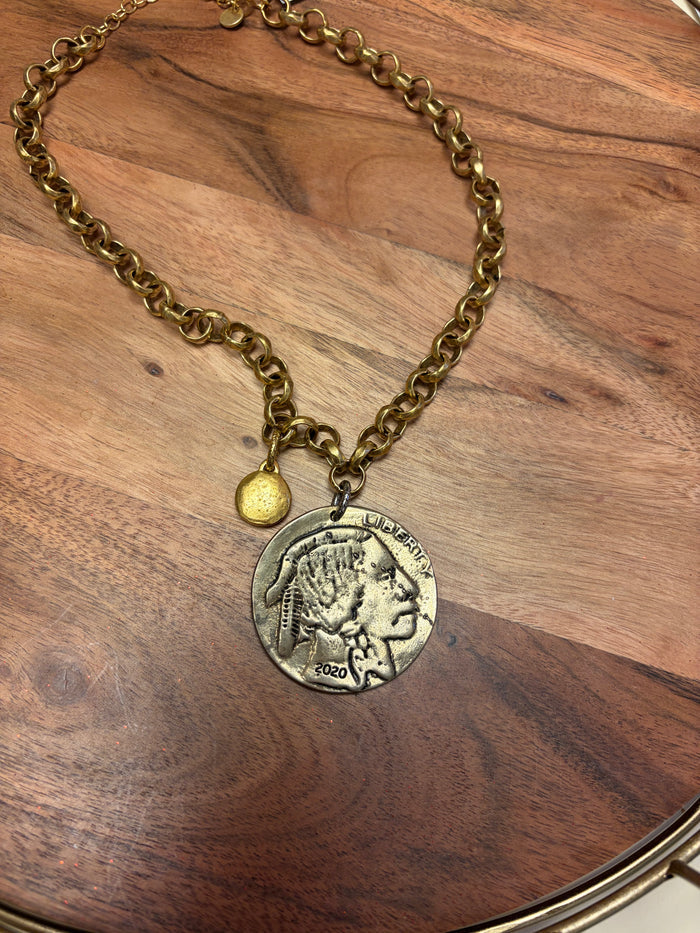 Buffalo Coin and Crystal Necklace by Lula 'n' Lee featuring a coin pendant with crystal accents on a delicate chain.