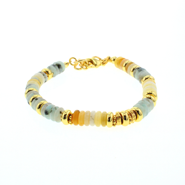 Gold-tone beaded bracelet with light blue and gold beads, linked chain clasp
