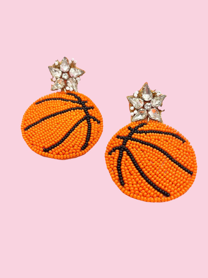 Camel Threads basketball beaded earrings featuring colorful round beads and hoop design, stylish and vibrant accessory for women.