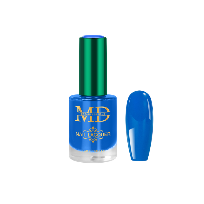 Blue nail polish bottle with green cap on a white background