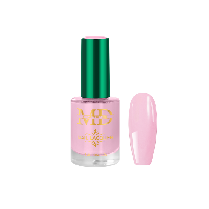 Pink nail polish bottle with green cap on a white background