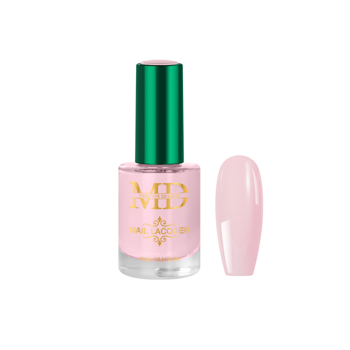 Pink nail polish bottle with green cap on a white background