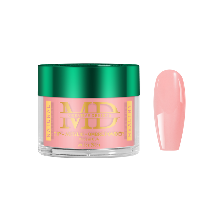 Jar of pink nail powder with green lid and a matching pink nail tip color swatch on a white background