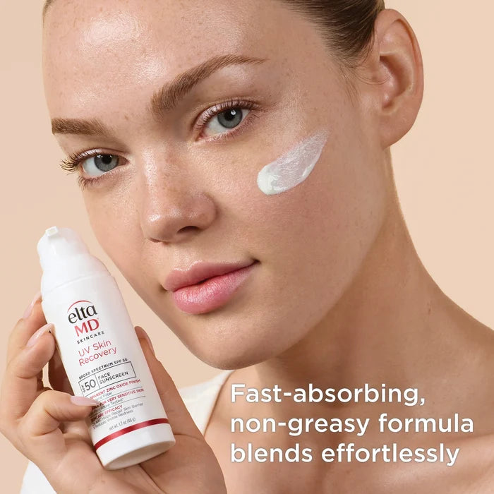 EltaMD UV Skin Recovery SPF 50 mineral sunscreen bottle with cream on cheek, fast-absorbing non-greasy formula