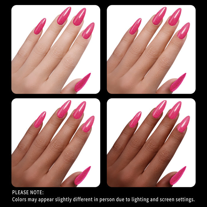 Four views of hands with pink glitter nail polish on a white background