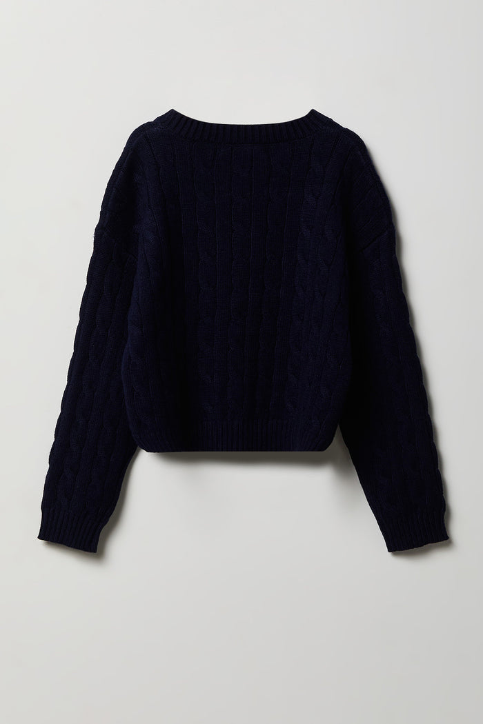Girls Embroidered Cable Knit Sweater
