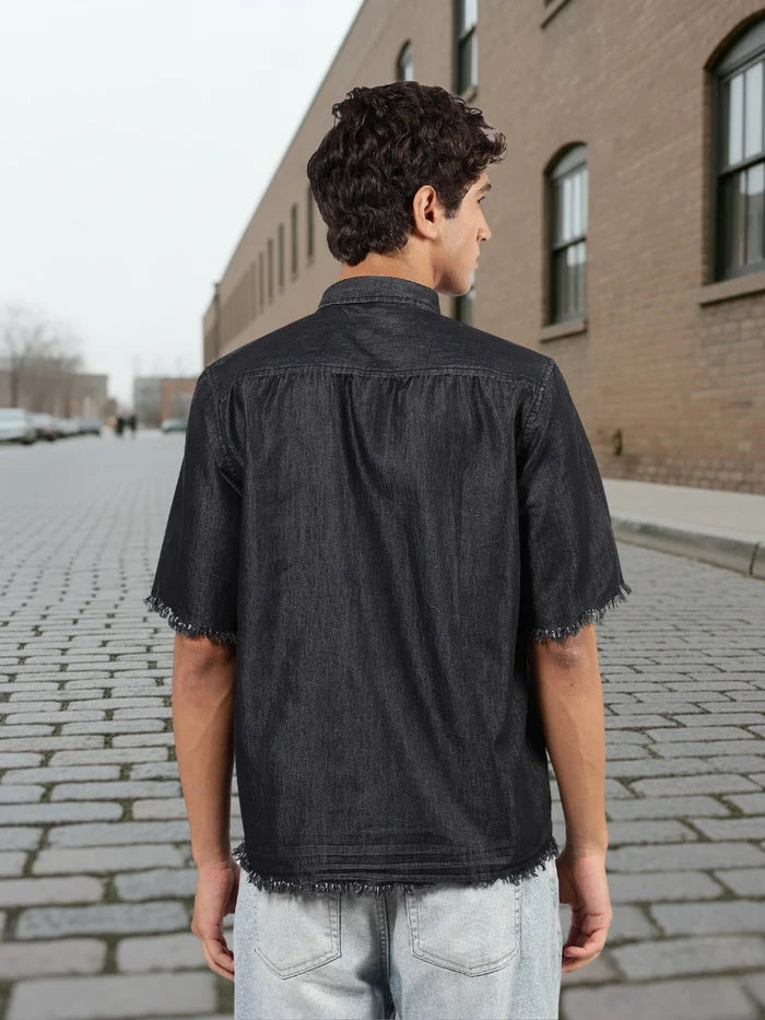 House Of Koala Black Raw Edge Oversized Box-Fit Spread Collar Premium Denim Shirt