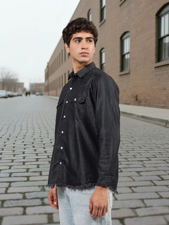 House Of Koala Black Raw Edge Oversized Relaxed Fit Full Sleeve Spread Collar Premium Denim Shirt
