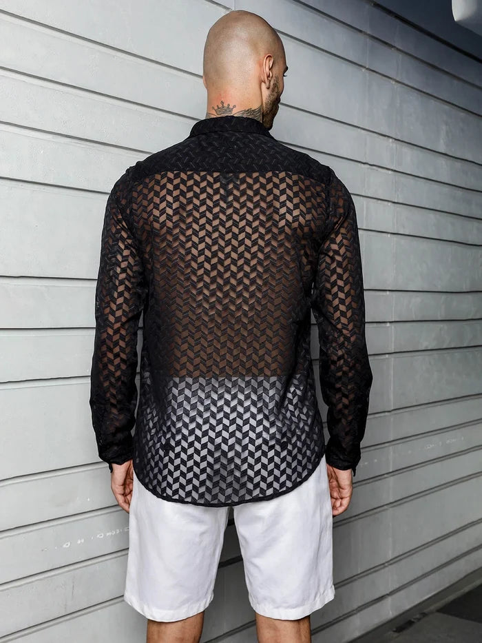 House Of Koala Black Semi Sheer Georgette Relaxed Fit Shirt