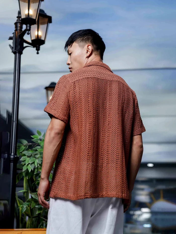 House Of Koala Brown Pure Cotton Crochet Resort Shirt