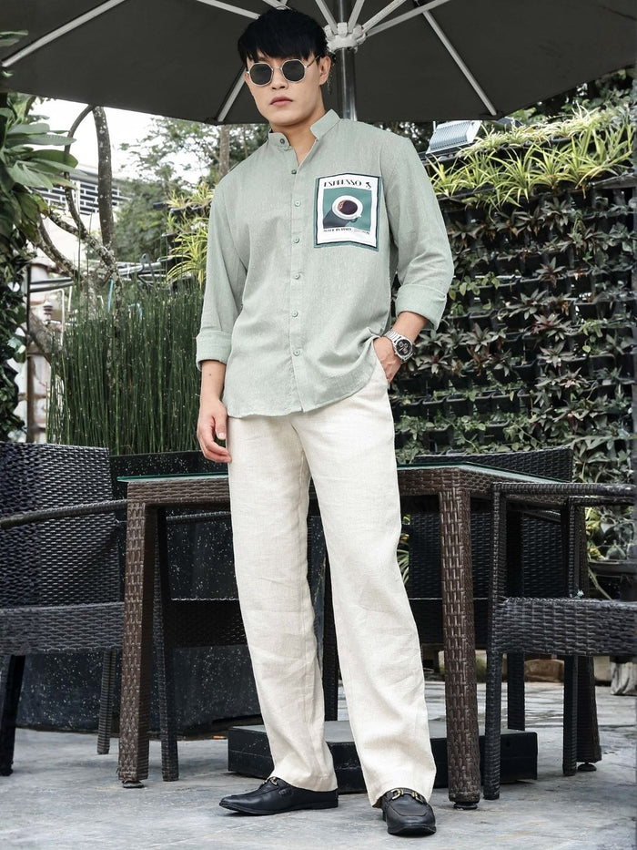 House Of Koala Khadi Blend Olive Green Mandarin Collar Relaxed Fit Shirt