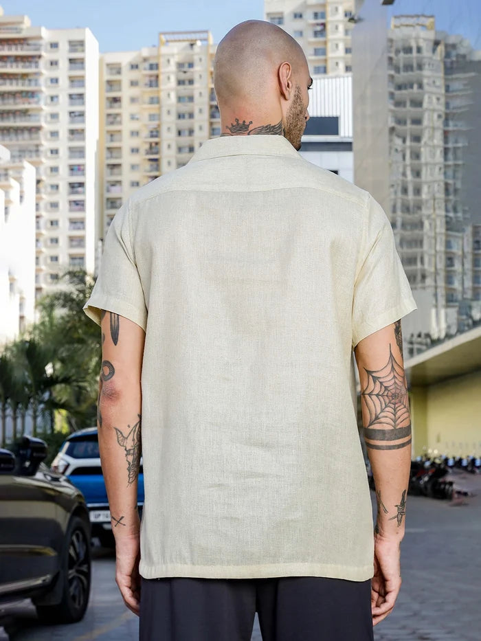 House Of Koala Linen Blend Beige Cuban Collar Classic Relaxed Fit Shirt