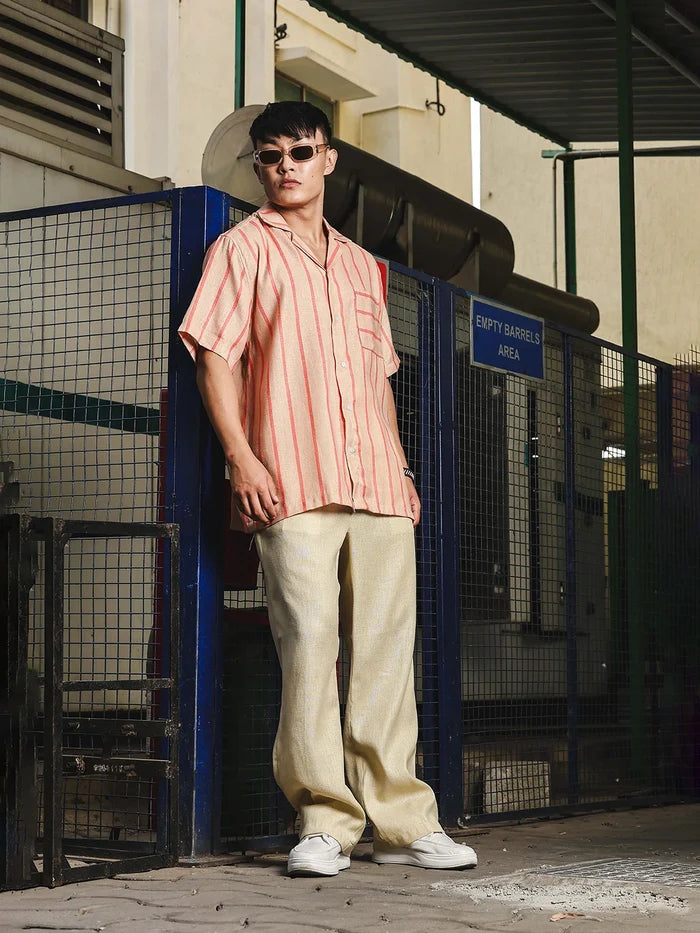 House Of Koala Linen Blend Beige Orange Striped Cuban Collar Classic Relaxed Fit Resort Shirt