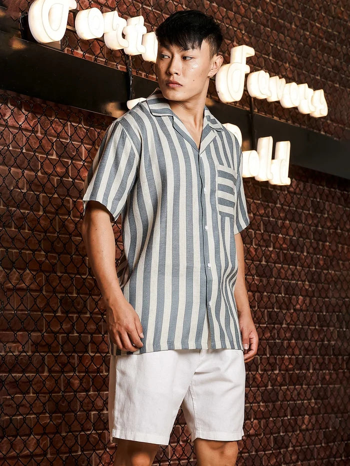 House Of Koala Linen Blend Blue White Striped Cuban Collar Classic Relaxed Fit Resort Shirt