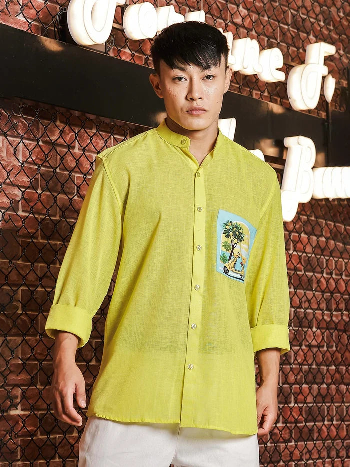 House Of Koala Linen Blend Lime Green Mandarin Collar Relaxed Fit Shirt