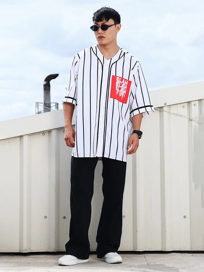 House Of Koala Men Stripe Printed White Classic Oversized Fit Baseball Shirt