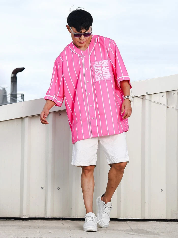 House Of Koala Men Striped Printed Pink Classic Oversized Fit Baseball Shirt