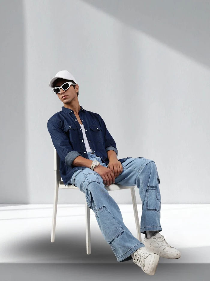 House Of Koala Navy Blue Raw Edge Oversized Relaxed Fit Spread Collar Premium Denim Full Sleeve Shirt