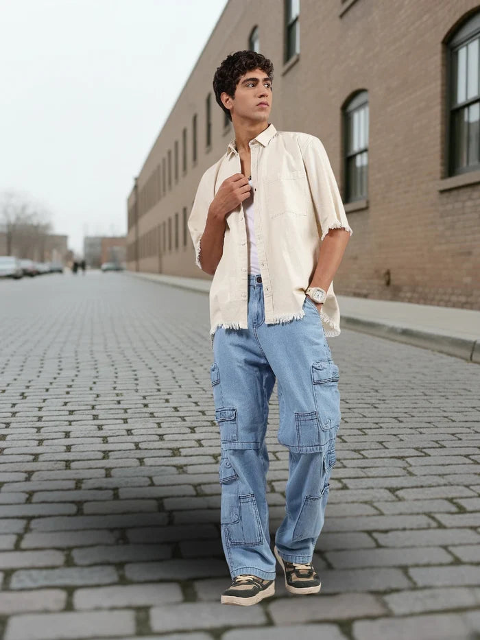 House Of Koala Off-White Raw Edge Oversized Box-Fit Spread Collar Premium Denim Shirt