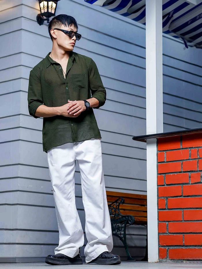 House Of Koala Olive Green Classic Semi Sheer Georgette Relaxed Fit Shirt