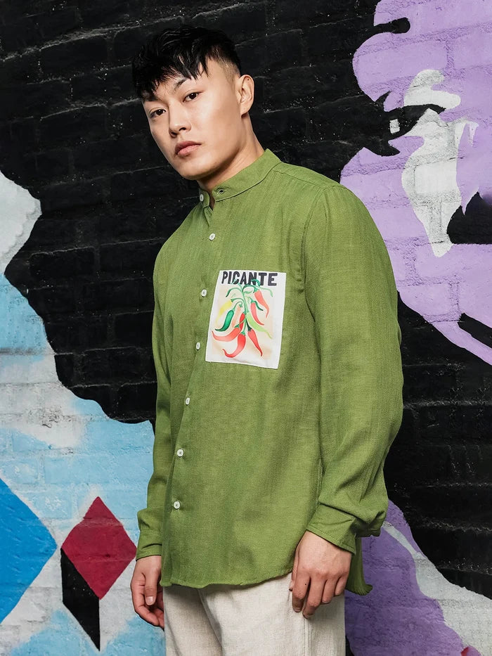 House Of Koala Olive Matcha Linen-Blend Mandarin Collar Relaxed Fit Shirt
