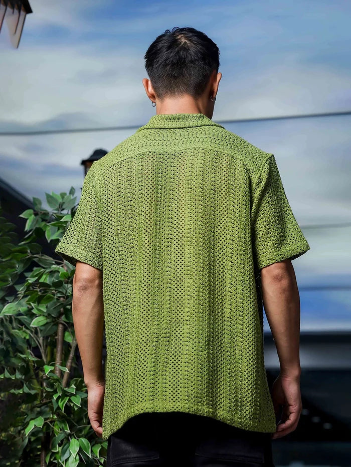 House Of Koala Olive Pure Cotton Crochet Relaxed Fit Resort Shirt