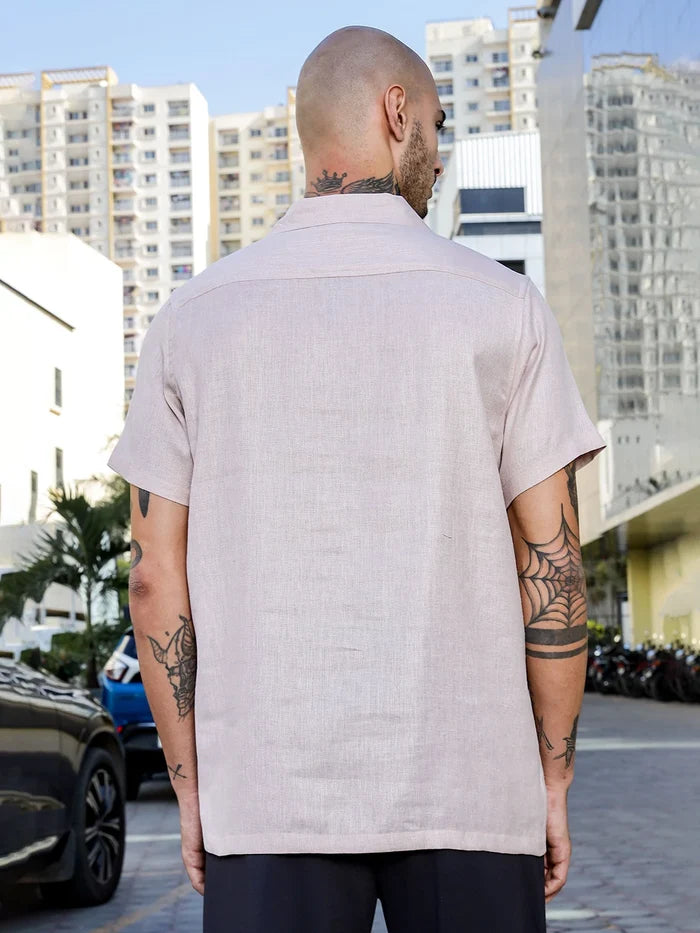 House Of Koala Pink Linen Blend Cuban Collar Classic Relaxed Fit Shirt
