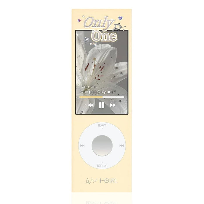 A rectangular package reminiscent of an MP3 player features a white lily on its screen, with "Only One" displayed at the top and device-like buttons shown below. The design, in soft pale yellow tones with silver and gold accents, evokes a natural dolly eye effect—perfect for those seeking i-Sha’s daily disposable colored contacts. Presented in elegant style, i-Sha One Pick Only One 1-Day Cherry Choco (10pk) combines everyday comfort with chic packaging.
