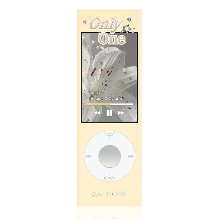 The i-Sha One Pick Only One Cherry Choco by i-Sha is a beige rectangular device with a circular control pad, displaying a music player screen with a white lily, "Only One" text, stars, a 3-tone gradient design, and "WISH GIRL" at the bottom.