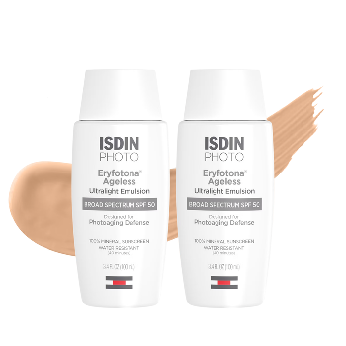 ISDIN Eryfotona Ageless SPF 50 mineral sunscreen bundle with two 100 mL bottles