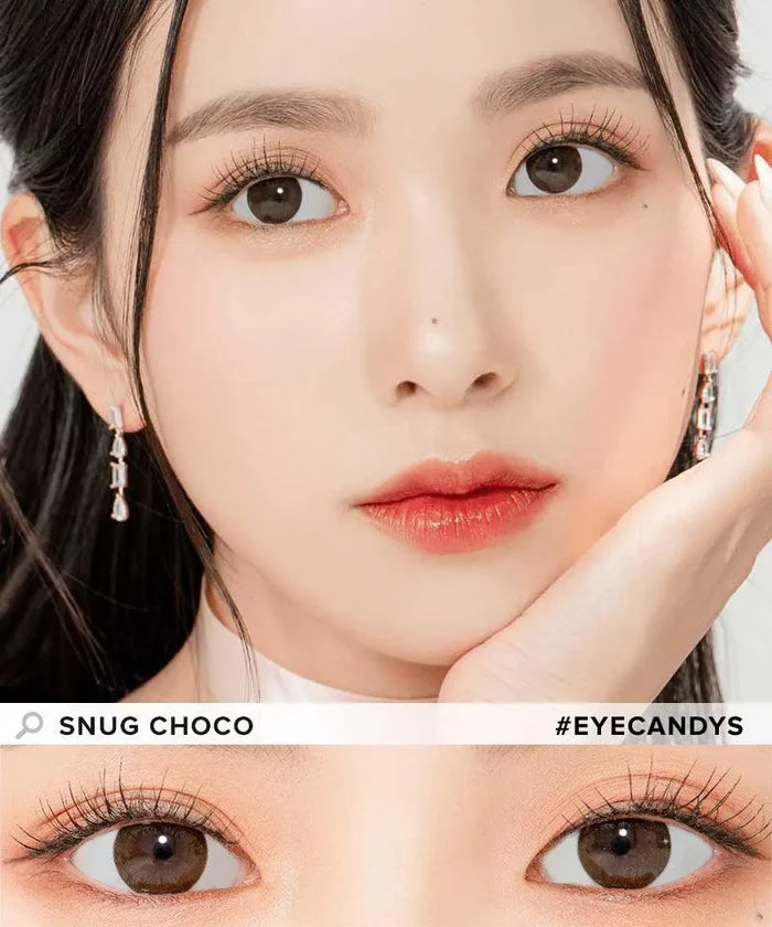 Model demonstrating a Kpop-inspired look with Lensrang Snug Choco coloured contact lenses, demonstrating the brightening and enlarging effect of the circle contact lenses on her dark eyes.