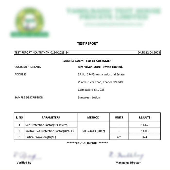 test report of vilvah sunscreen SPF 50