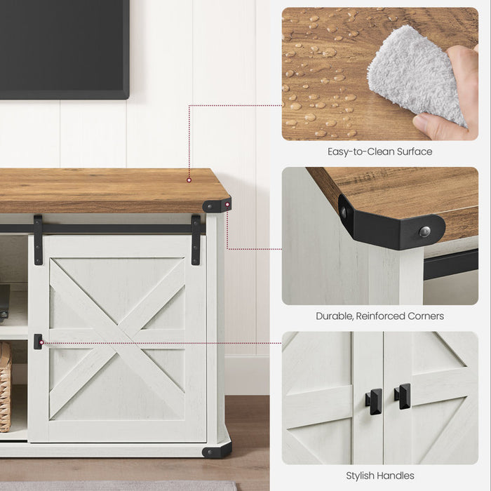 Meuble TV Cesilee pour téléviseurs jusqu'à 75 pouces avec 2 portes coulissantes de style grange et station de recharge intégrée