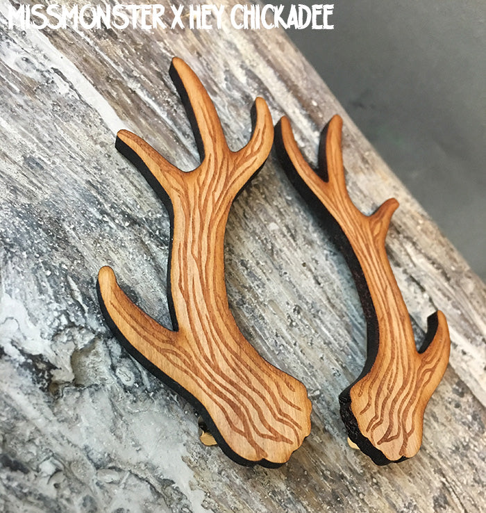 MISSMONSTER X HEY CHICKADEE ANTLER BARRETTES - LASER ETCHED WOOD