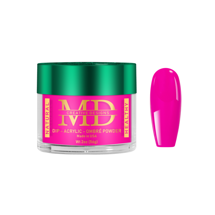 Jar of MD nail powder with a pink nail tip color swatch on a white background