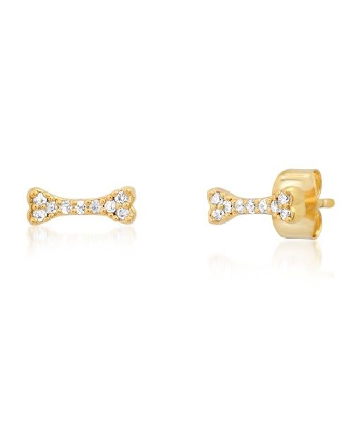 Gold-tone dog bone CZ stud earrings with clear stones, post back