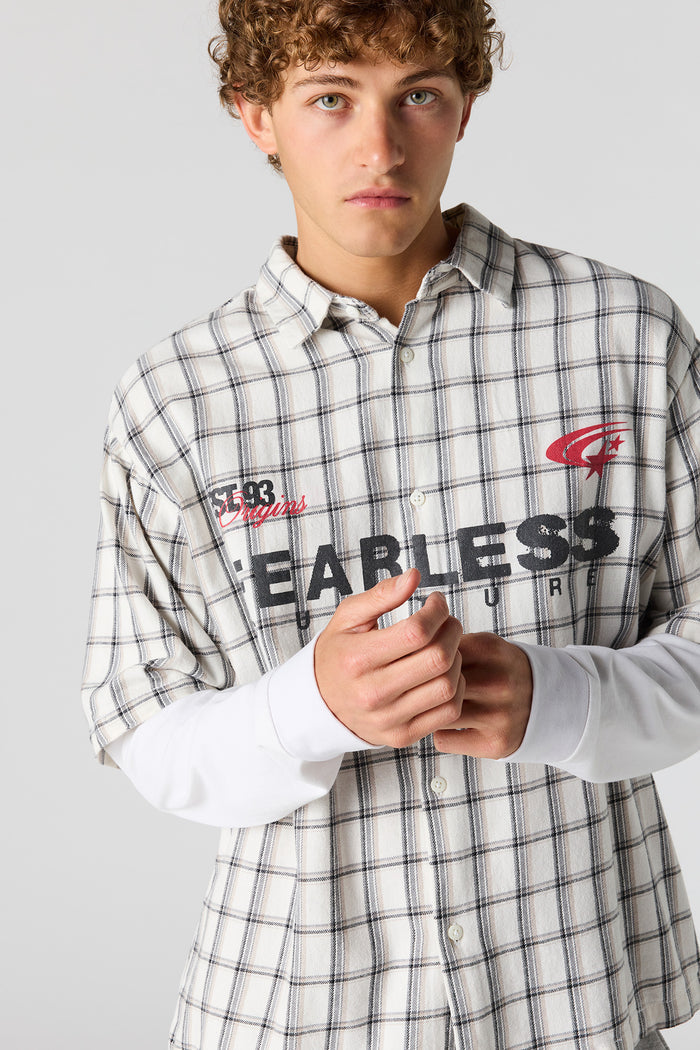 Plaid Twofer Long Sleeve Button-Up Top