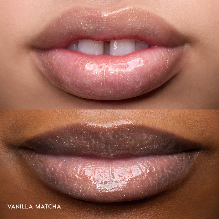 Close-up of two models’ lips wearing Colourpop Shine. Shimmer. Repeat. Vanilla Matcha Fresh Kiss Glossy Balm, showing high-shine shimmer finish from the full collection value sets on different skin tones.