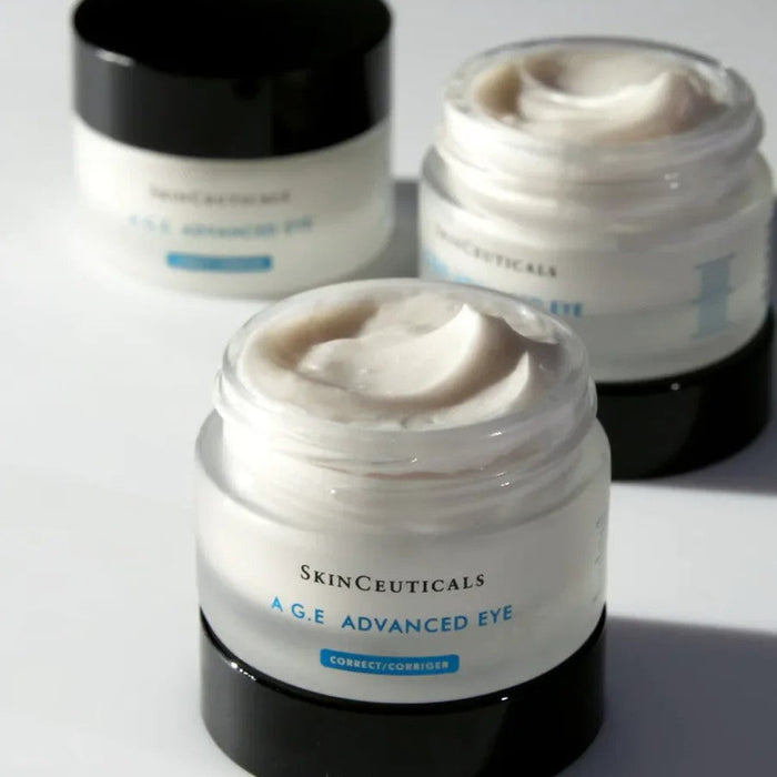 SkinCeuticals A.G.E. Advanced Eye cream jar with rich beige formula