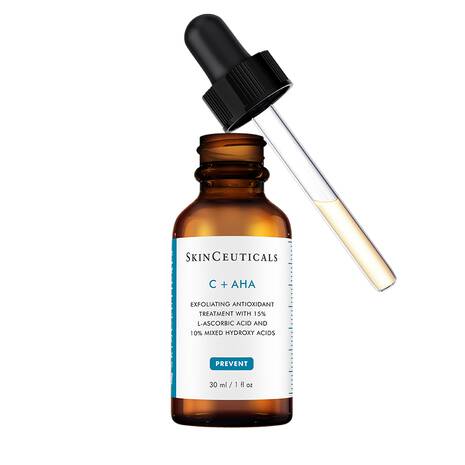 SkinCeuticals C + AHA exfoliating antioxidant serum bottle with dropper