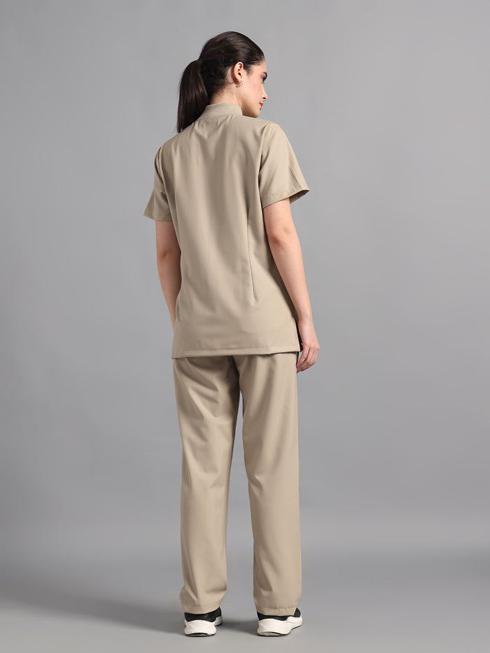 Stretchable (4Way) Beige Women Flex Zip Neckline Top With Straight Pants