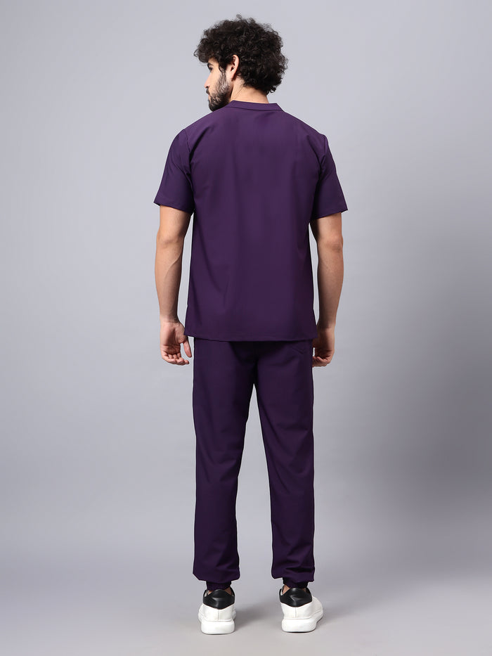 Stretchable (4Way) Men Violet Mandarin Neck with Jogger Scrub Set
