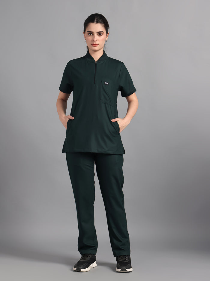 Stretchable (4Way) Midnight Green Women Flex Zip Neckline Top With Straight Pants