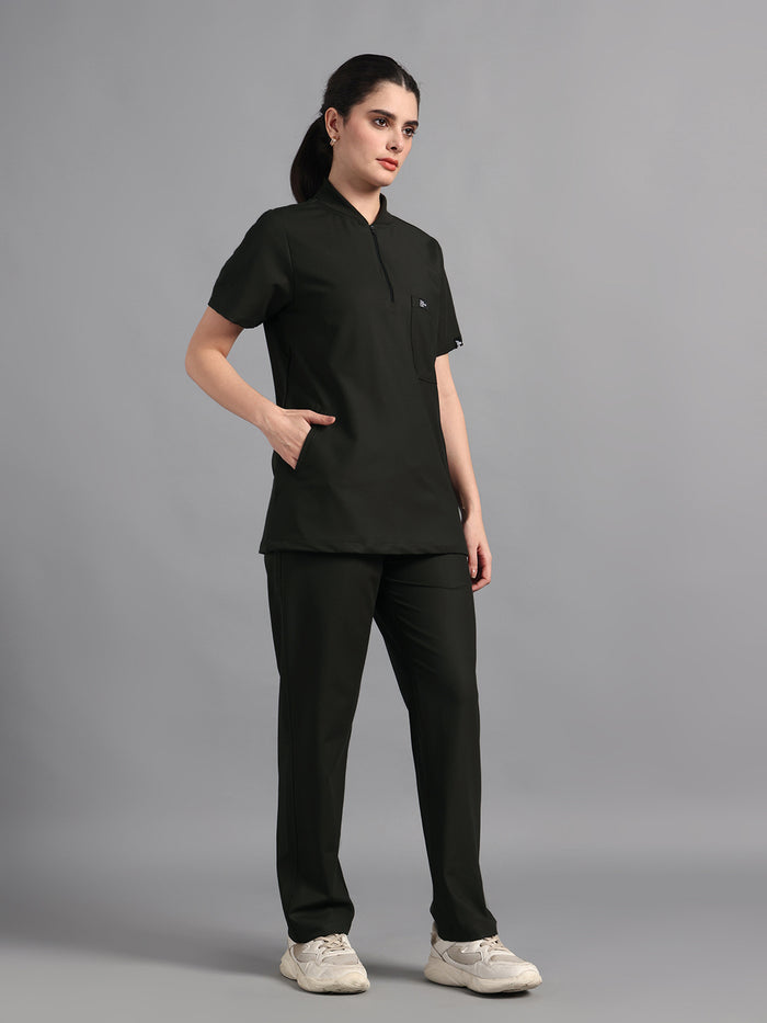 Stretchable (4Way) Olive Green Women Flex Zip Neckline Top With Straight Pants