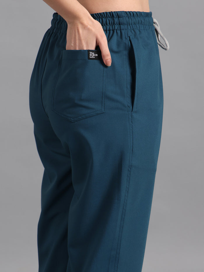 Stretchable (4Way) Peacock Blue Women Flex Zip Neckline Top With Straight Pants