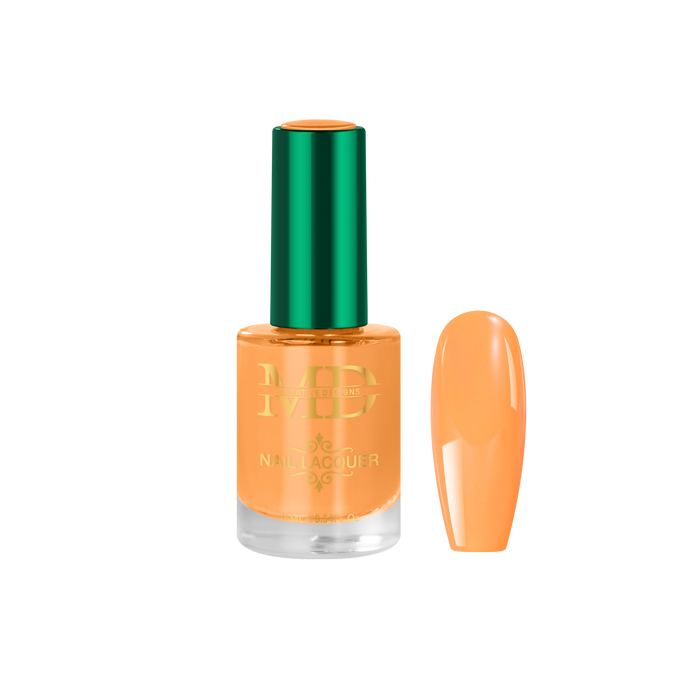 Orange nail polish bottle with green cap on a white background