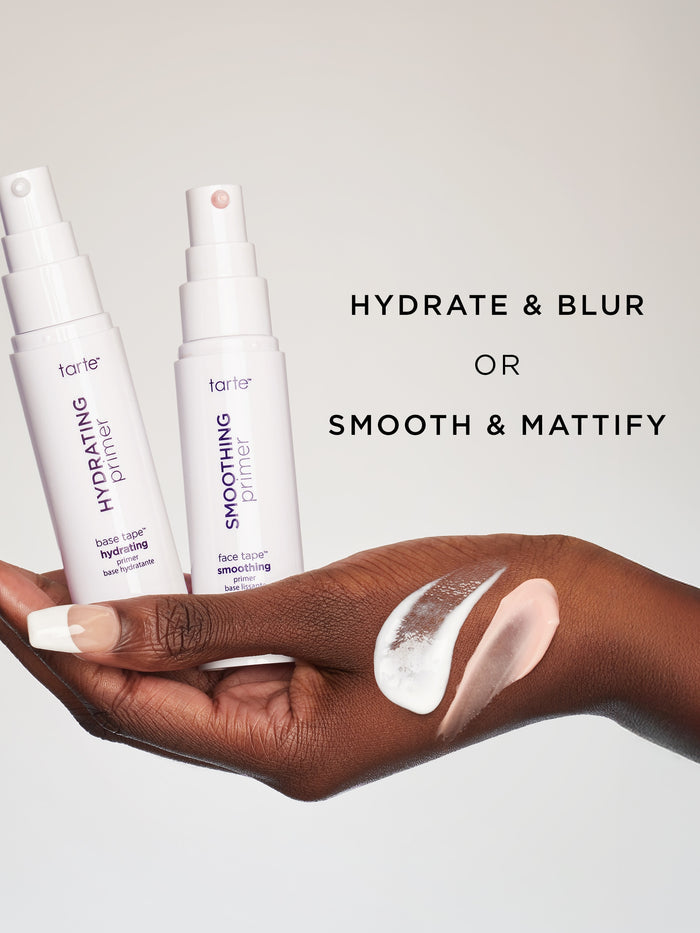 Two skincare products with a hand holding a sample, labeled 'Hydrate & Blur' and 'Smooth & Mattify'.