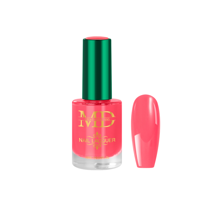 Pink nail polish bottle with green cap and matching pink nail tip color swatch on white background