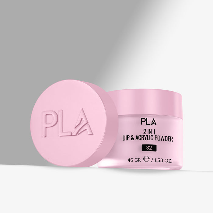 Pink jar of PLA 2 in 1 Dip & Acrylic Powder on a gray background